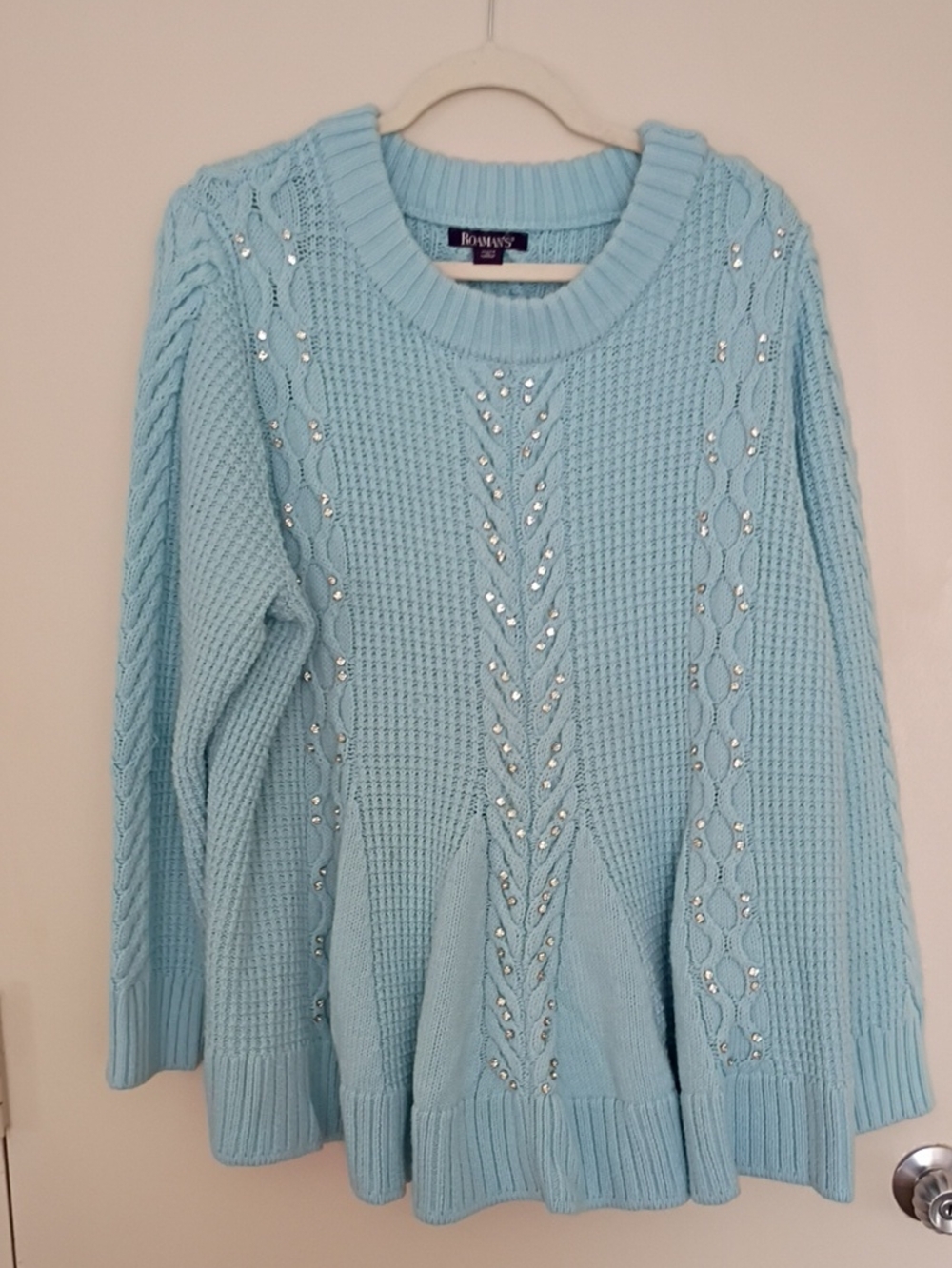 Roaman's NWOT Light Blue Embellished Cable Peplum Sweater Size 22/24